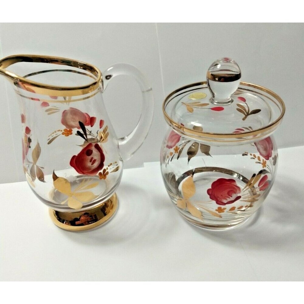 Hand Painted Heavy Gold Gilded Glass Lidded Sugar Bowl & Creamer -1950's Romania
